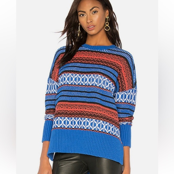 BCBG Max Azria Oversized High Low Jacquard Sweater Electric Blue Combo S NWT - Picture 7 of 11